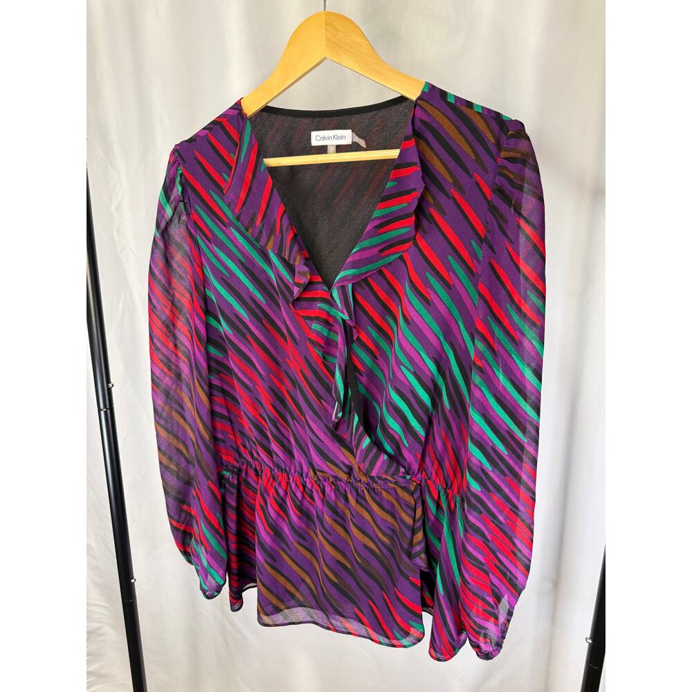 Calvin Klein Women’s XL Sheer Blouse Multicolor Abstract Zebra Print Tie Waist